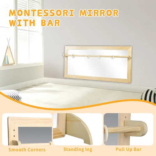 Miniatura 6 de Espejo Montessori con barra, barra de dominadas ajustable de madera para bebé, piso y pared, inastillable, seguridad, coordinación infantil, muebles
