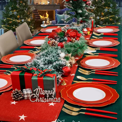 Miniatura 7 de WDF 30Guest - Platos de plástico rojo – cubiertos de plástico dorado con mango rojo – platos rojos desechables – Vajilla barroca de plástico