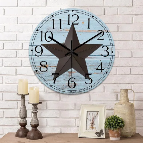Reloj de pared decorativo de 10 pulgadas, con estrella de Texas occidental, vintage, de madera, silencioso, sin tictac, funciona con pilas, reloj de