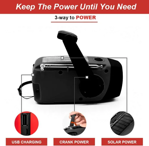 Miniatura 5 de Radio solar portátil de emergencia meteorológica manivela AM/FM NOAA radio de supervivencia con linterna LED 2000mAh cargador de teléfono móvil