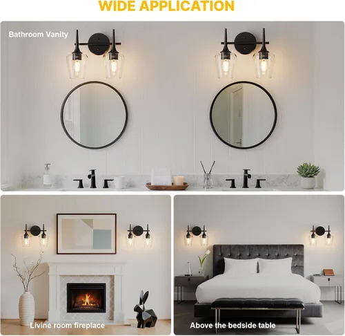 Miniatura 3 de Luz de Tocador Negra de 2 Luces Estilo Granja Moderno Lámpara de Baño con Pantallas en Forma de Copa de Vino para Espejo de 16 Pulgadas, Aplique
