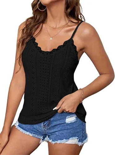 Miniatura 4 de LYANER Camiseta sin mangas sexy con cuello en V para mujer, tirantes delgados, bordado, con ojales, sin mangas, encaje