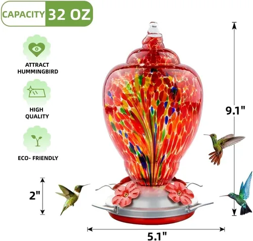 Miniatura 2 de WOSIBO Comedero para colibríes de exterior, grande, 32 onzas, diseño colorido de vidrio soplado, gancho para colgar, foso de hormigas, cuerda