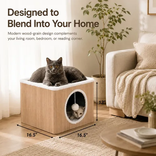 Miniatura 4 de Casa de condominio para gatos con cojines reversibles y bola esponjosa colgante, cubo plegable para gatos, cama cueva grande para gatitos