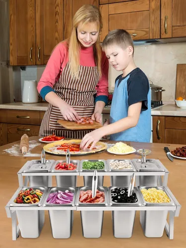 Miniatura 7 de Kalolary Estación de Almacenamiento para 10 Bandejas de Pizza con 2 Filas de Recipientes Ajustables de Condimentos de Acero Inoxidable con Tapas