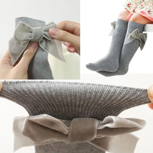 Miniatura 5 de Calcetines altos hasta la rodilla para bebés niñas, con lazo de punto y moño, calcetines de tubo con volantes para 0-7 años
