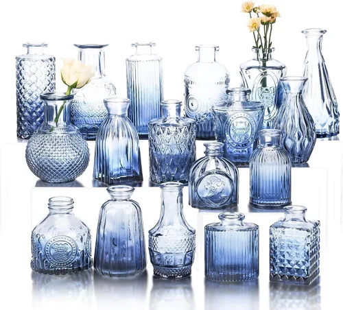 Fixwal Juego de 18 jarrones azules para flores, jarrones de vidrio transparente vintage, pequeños jarrones para centros de mesa para decoración de