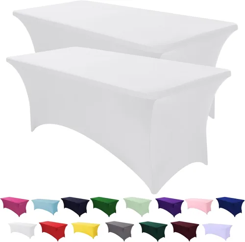 SEPARO Cubiertas de Mesa de Spandex Paquete de 2, 6 Pies, Manteles Ajustables Blancos, Lavables, Resistentes a Arrugas, Mantel Elástico Rectangular