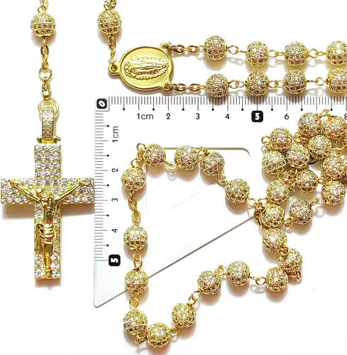 Miniatura 6 de Rosario de lujo de alta calidad, chapaleta de acero inoxidable con circonita, cruz católica, regalos católicos, Acero inoxidable, Circonita.