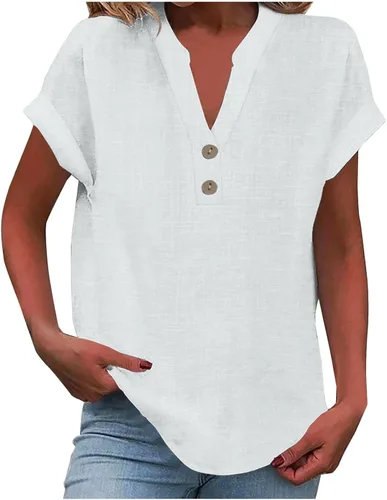 Miniatura 23 de Camisas de lino para mujer 2025 verano casual cuello en V botón abajo manga corta tops moda cómodo negocio trabajo blusas, beige (A-Beige)
