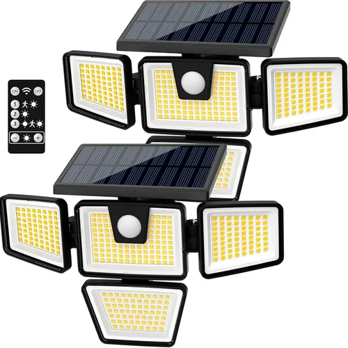 AmeriTop Luces Solares para Exteriores, Paquete de 2 Luces LED de Alto Brillo Inalámbricas con Sensor de Movimiento Solar; 4 Cabezales Ajustables,