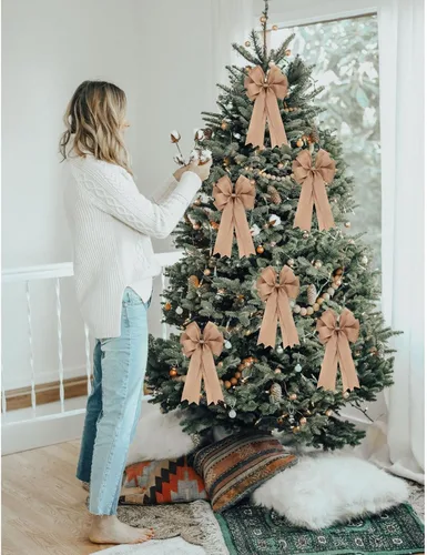 Miniatura 4 de Meseey 2 Piezas Lazos Grandes de Arpillera de 20 x 10 Pulgadas Coronas Estilo Granja Lazo de Yute para Envolver Regalos Decoración de Árbol Puerta
