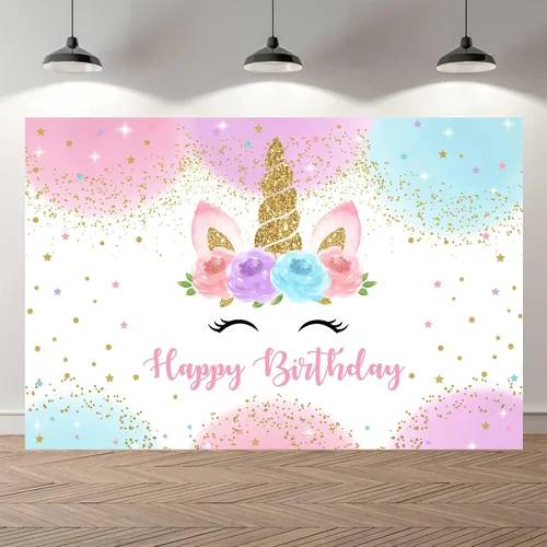 Miniatura 2 de Telón de fondo de unicornio arcoíris de 5 x 3 pies, decoraciones de fiesta de feliz cumpleaños para niñas, acuarela, floral, estrellas, lunares