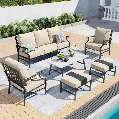 SUNSHINE VALLEY Juego de muebles de patio, muebles modernos de metal para exteriores, sofá de 3 plazas, 2 sillas individuales, 2 otomanas, mesa