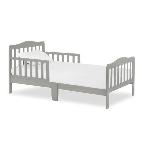 Dream On Me Cama para niños pequeños de diseño clásico en gris claro, cama de madera baja al piso con rieles de seguridad, certificada GREENGUARD