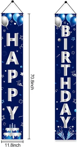 Miniatura 2 de Turypaty Cartel de feliz cumpleaños azul plateado para hombres y niños, cartel de feliz cumpleaños, porche, suministros de fiesta, decoración
