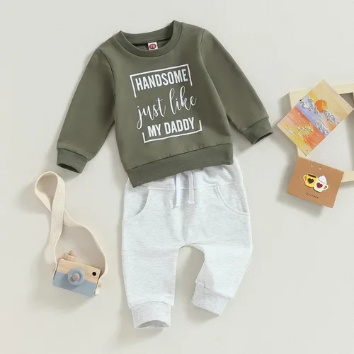 Miniatura 2 de Ropa de bebé niño de manga larga con estampado de letras de Little Guy, sudadera con pantalones deportivos para otoño