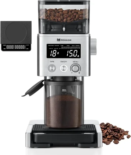 MOKKOM Molinillo de café eléctrico con báscula de café extraíble, molinillo de granos de café cónico antiestático, 31 ajustes precisos para verter