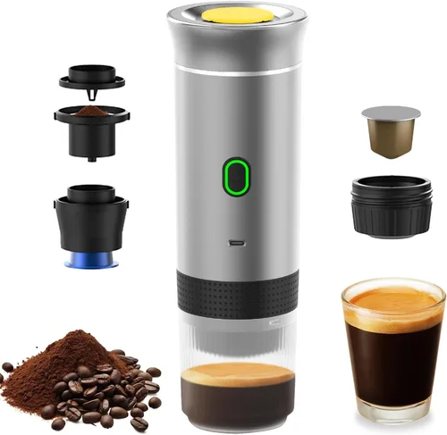 Miniatura 7 de Decdeal Cafetera inalámbrica para el coche, hogar, viajes, cafetera eléctrica 3 en 1, funciona con cápsulas y café molido de 15 bares, mini cafetera