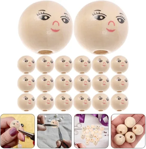 Miniatura 9 de EXCEART 50 cuentas de madera para muñecas, cuentas de arcilla para hacer pulseras, cuentas sueltas de madera con cara sonriente, cuentas de madera