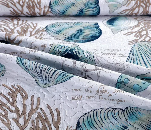 Miniatura 8 de Juego de cama reversible de 3 piezas con diseño náutico, tamaño Queen (90x90 Pulgadas), con conchas de mar azul-verde y coral, juego de colcha