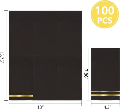 Miniatura 2 de bUCLA 100 unidades de servilletas de 3 capas negras y doradas - Servilletas de papel negro para cena desechables de calidad premium, desechables