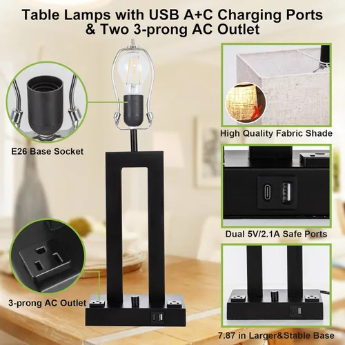 Miniatura 5 de Juego de lámparas de mesa modernas de 2 a 22 pulgadas de alto con puertos de carga USB-C/USB-A y tomacorriente, tela regulable continua, lámparas