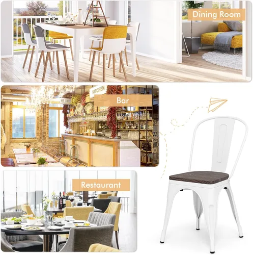 Miniatura 9 de COSTWAY Tolix - Sillas de comedor estilo industrial, apilables, de metal, con asiento de madera, juego de 4 (color blanco y marrón)
