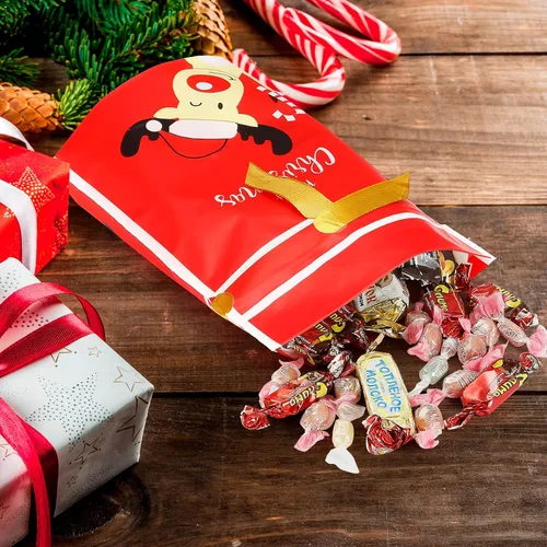 Miniatura 4 de 50 bolsas de dulces de Navidad, bolsas de regalo de Navidad con cordón de plástico para fiestas de cumpleaños, envoltura de aperitivos, regalo