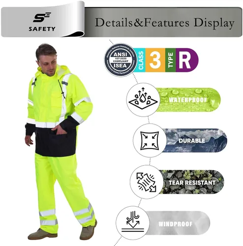 Miniatura 5 de sesafety Chaqueta de Lluvia de Alta Visibilidad, Trajes de Lluvia para Hombres Impermeables con Fondo Negro, Abrigos de Lluvia para Hombres