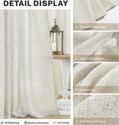 Miniatura 4 de Cortinas de Lino Natural Color Crema de 84 Pulgadas de Largo para Sala de Estar, Juego de 2 Paneles de Lino Texturizado con Trabillas Traseras
