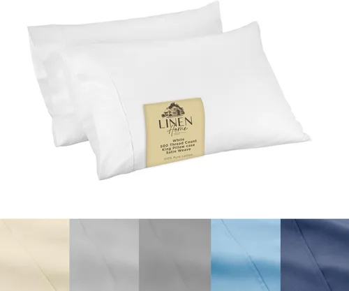 Miniatura 36 de Linen Home Juego de fundas de almohada King de 500 hilos, fundas de almohada 100 % algodón de fibra larga, juego de 2 fundas de almohada de satén