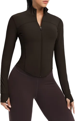 Miniatura 35 de AVGO Chaquetas de entrenamiento recortadas para mujer, con cremallera, ajustadas, atléticas, con agujeros para el pulgar
