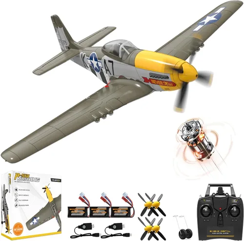 VOLANTEXRC Aviones RC sin escobillas para adultos, 4 canales RTF P-51 Mustang RC Avión de combate, giroscopio de 6 ejes, 3 modos de vuelo,
