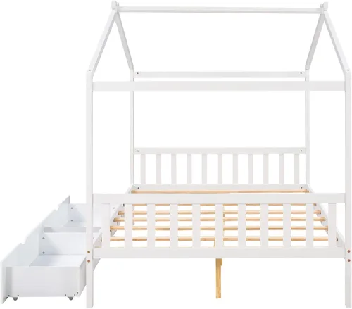 Miniatura 7 de P PURLOVE Cama de casa de tamaño matrimonial para niños, adolescentes, plataforma de almacenamiento de madera con cajones, cabecero y estribo, cama