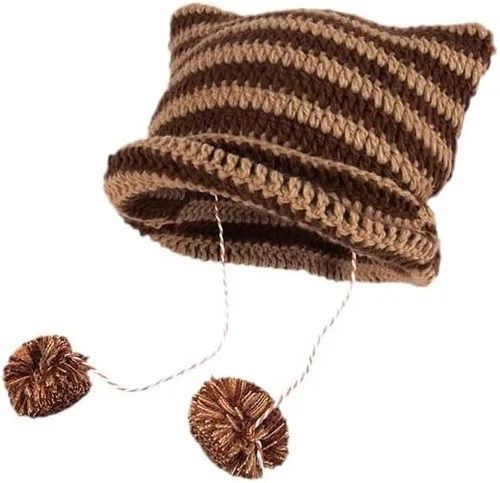 Acubi Gorro de punto con orejas de gato Y2K Emo Gyaru Cutecore Gorro de ganchillo Cottagecore Pompones Slouchy Accesorios