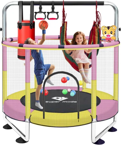 Miniatura 15 de Trampolín de 55 pulgadas para interiores y exteriores para niños con recinto, trampolín para niños pequeños con barra de gimnasia ajustable y Azul