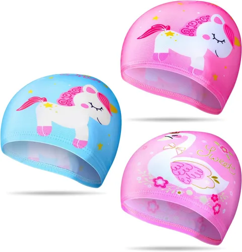 Miniatura 11 de Geyoga 3 piezas de gorras de natación para niños y niñas, gorras de natación para niños de 2 a 12 años, gorro de natación para piscina, gorro de Azul