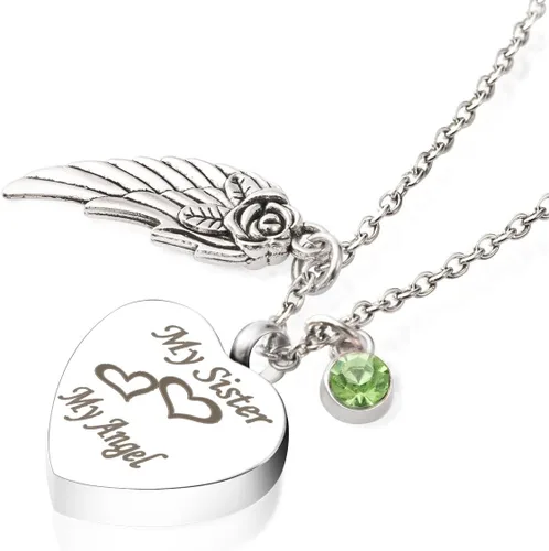 GIONO Joyería de cremación para cenizas, mi hermana, mi ala de ángel, collar con urna de piedra natal, colgante de recuerdo conmemorativo