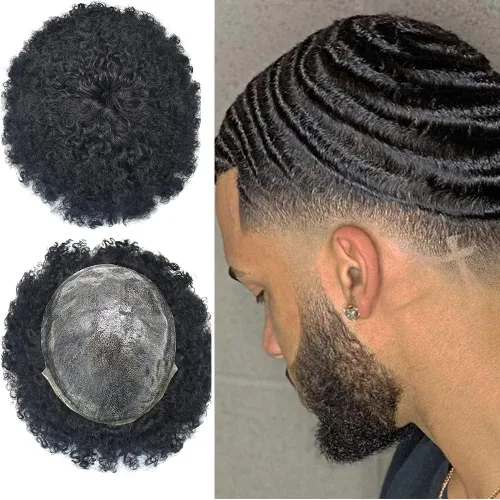 Miniatura 7 de Afro Toupee para hombres Unidades de cabello humano real para hombres negros inyectado PU Toupee afroamericano para hombre postizo rizado sistema