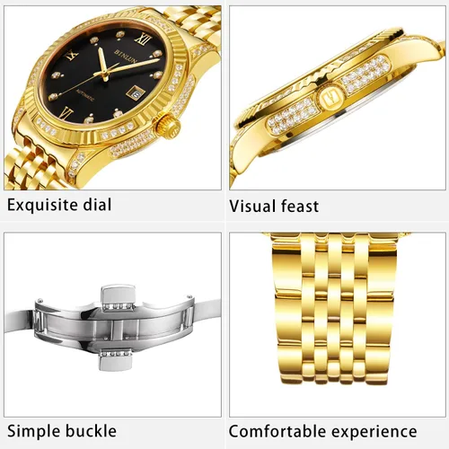 Miniatura 6 de BINLUN Reloj de pulsera para hombre, mecánico automático, reloj dorado con cuerda automática, elegante, chapado en oro de 18 quilates, relojes
