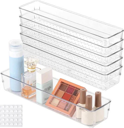 Miniatura 10 de 6 bandejas organizadoras de cajones de plástico transparente de 6 x 3 pulgadas con 25 almohadillas antideslizantes para maquillaje, joyas