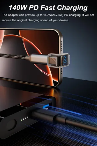 Miniatura 3 de Jadebones Paquete de 2 adaptadores USB C con pantalla digital, conector USB-C macho a hembra de 180 grados de 140 W para interruptor, iPhone 16/15