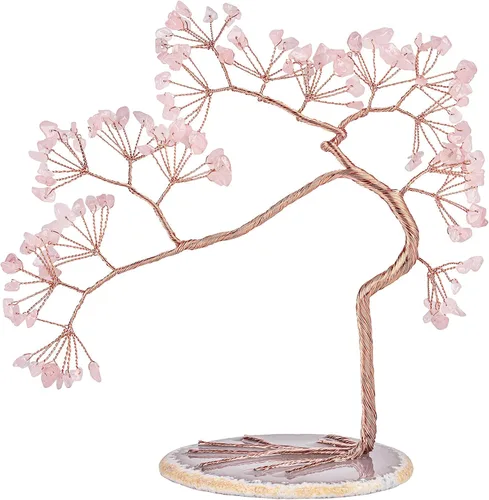 Miniatura 12 de rockcloud Árbol de dinero de cristal aguamarina con base de ágata, árbol bonsái de Feng Shui de la suerte para decoración de oficina y hogar