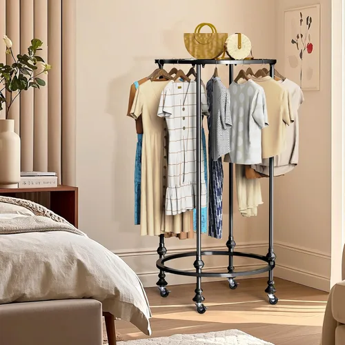 Miniatura 6 de Perchero redondo con ruedas, estante de ropa multiusos de doble espacio independiente con ruedas y parte superior, organizador de ropa comercial