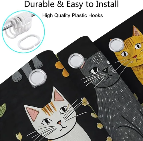 Miniatura 4 de MERCHR Cortina de Ducha de Gato Lindo Campista para Baño de Remolque de Viaje, Divertido Juego de Cortinas de Ducha de Tela Negra con Gato