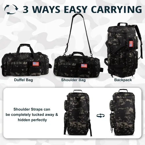Miniatura 5 de Bolsa táctica de gimnasio para hombres, 50L grande 3 en 1 bolsa deportiva con compartimento para zapatos para viajes, mochila de viaje resistente al