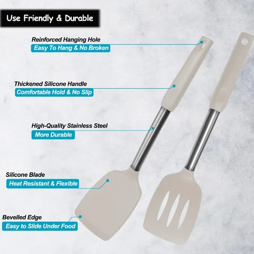 Miniatura 3 de Espátula de silicona y cuchara de cocina, paquete de 5 utensilios de cocina antiadherentes para la cocina, espátulas y cucharas sólidas y ranuradas