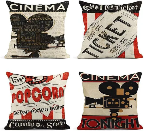 ArtSocket Juego de 4 fundas de almohada de lino para decoración del hogar, cine vintage, cine, cine fresco, proyector de palomitas de maíz frescas,