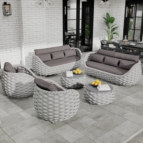 Miniatura 20 de Juego de muebles de patio de cuerda de 4 piezas: conjunto de sofás al aire libre de aluminio acolchado - sofá de conversación moderno ensamblado